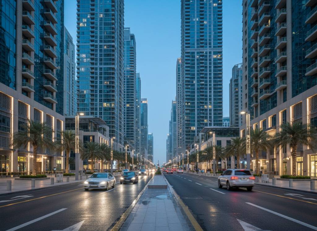 Downtown Dubai Wohntürme zur blauen Stunde